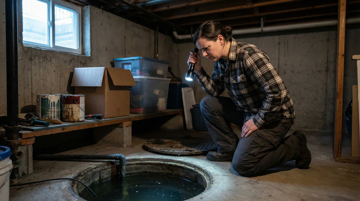Homeowner inspecting sump pump before winter storm to prevent sump pump failure in Fairfield NJ