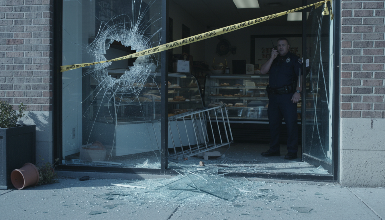 Broken commercial window requiring immediate emergency board-up services for property security
