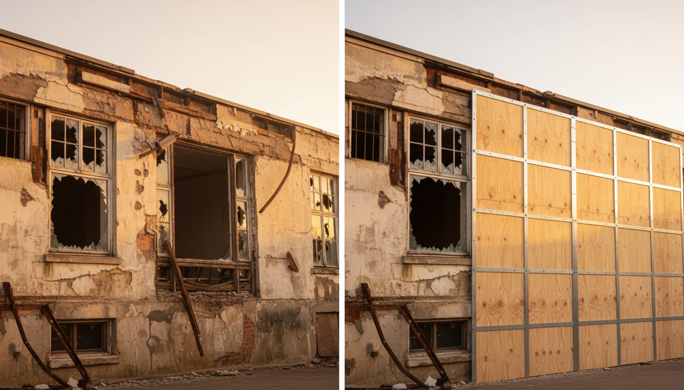 Before and after comparison of property boarding showing effective emergency board-up services protection
