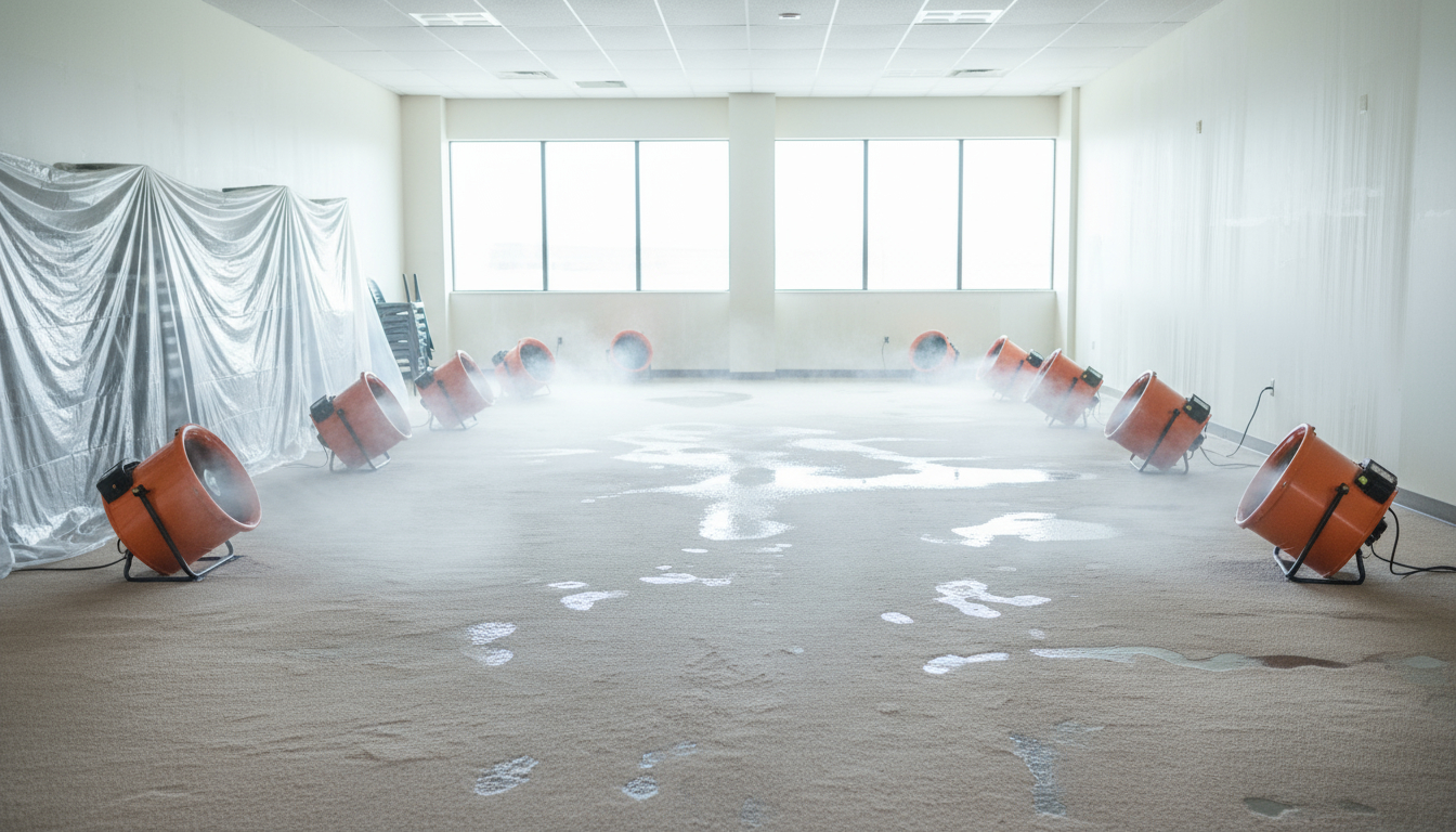 Strategic air mover placement creating optimal airflow for structural drying in commercial building