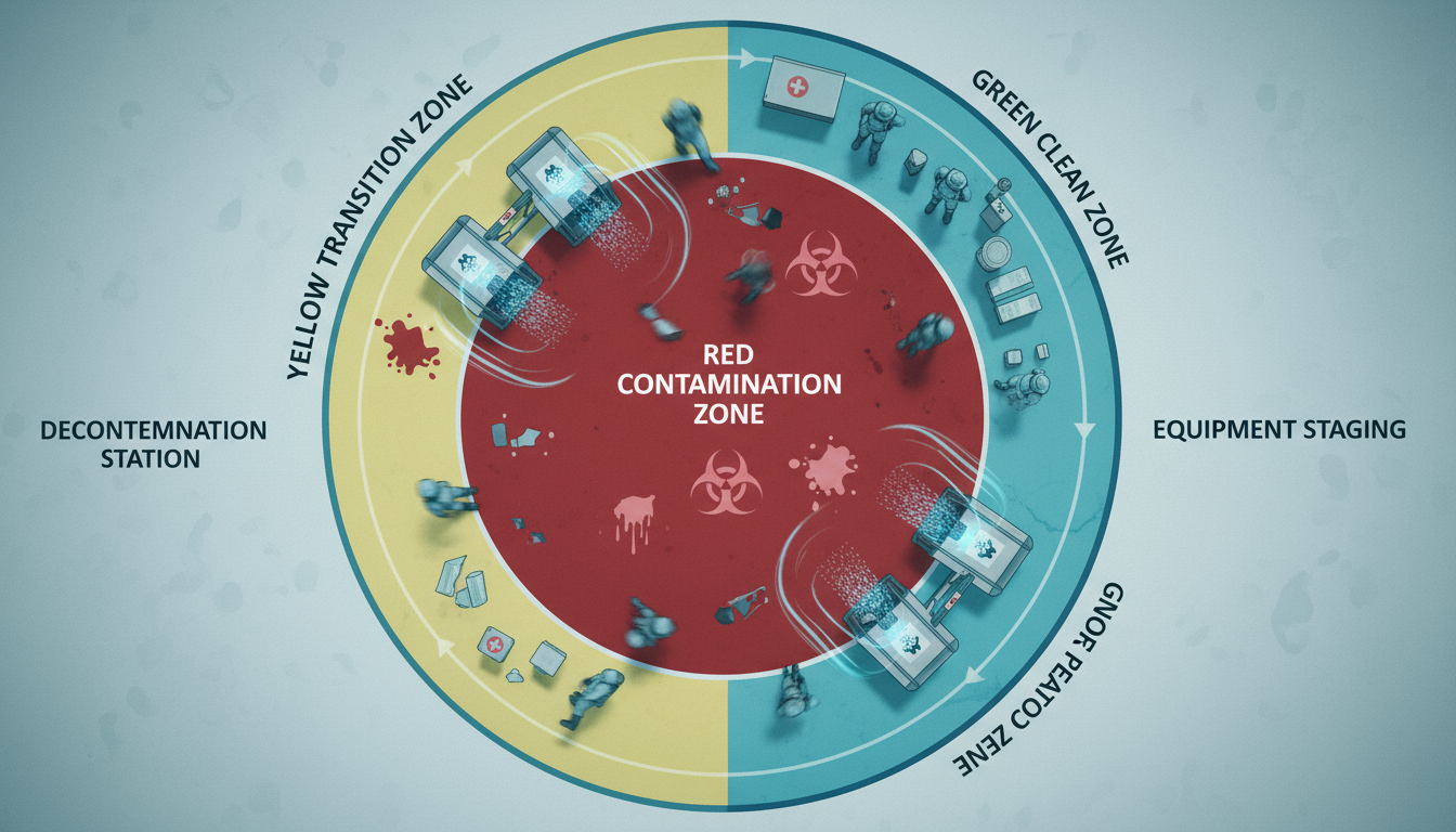 Top-down diagram of biohazard cleanup site showing three zones: red contamination zone, yellow transition zone, green clean zone, with decontamination stations and equipment placement marked, technical illustration style with clear labels