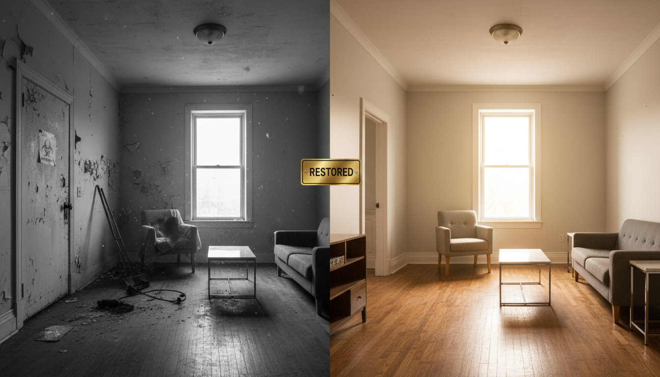 Split image showing biohazard contaminated room on left with visible contamination (tastefully obscured), same room on right completely restored and clean, dramatic transformation, professional restoration photography