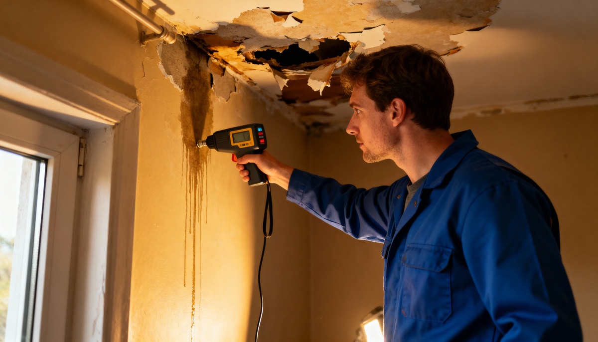 Professional assessing hidden water damage after tree impact using moisture detection equipment