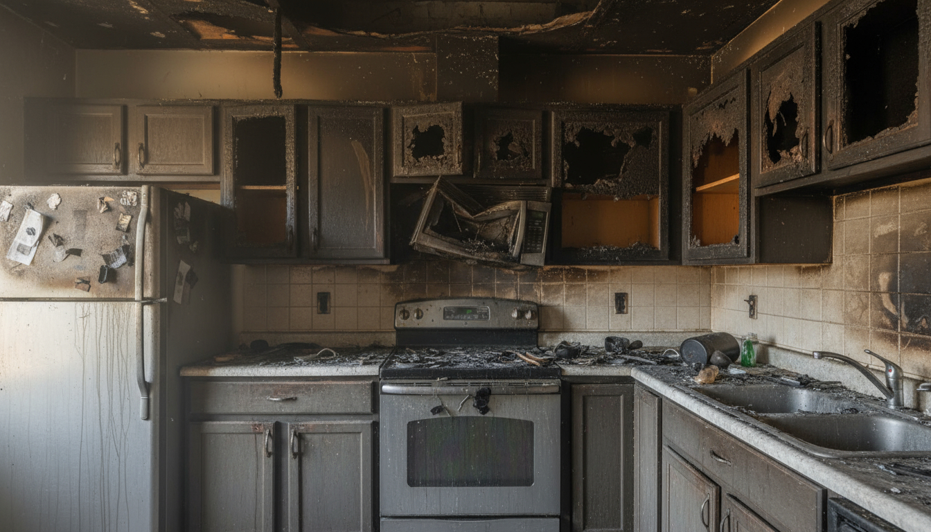 Severely damaged kitchen after fire