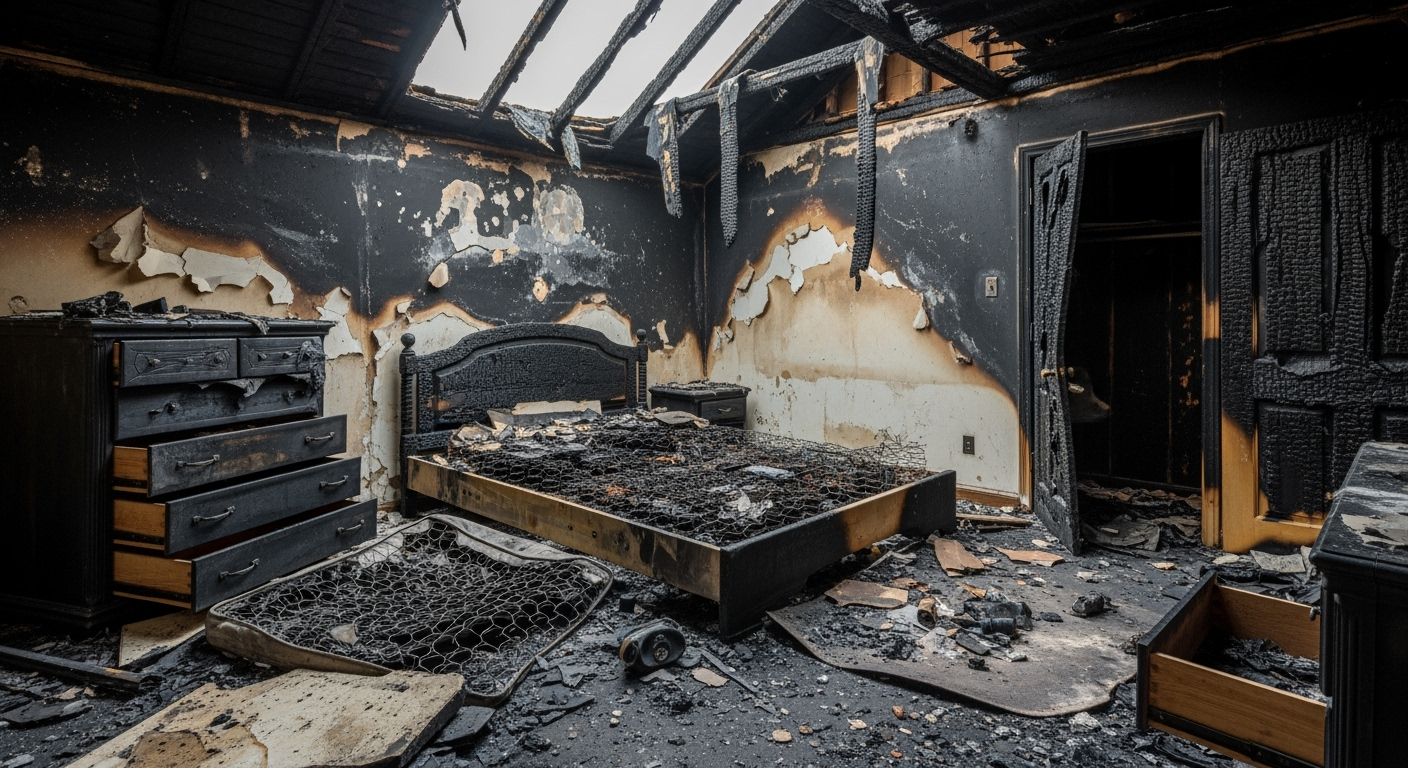 Charred bedroom after fire damage.