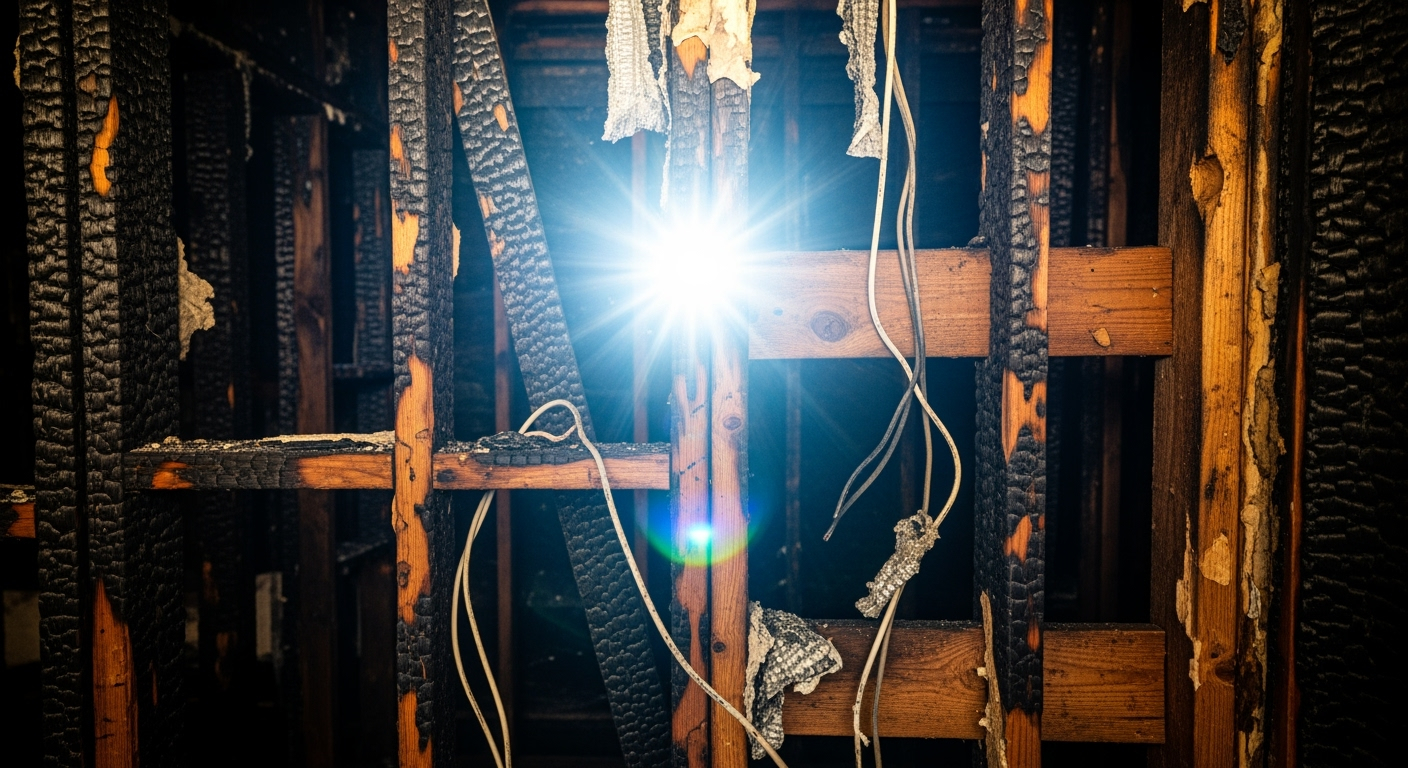 Burnt structure with light source visible.