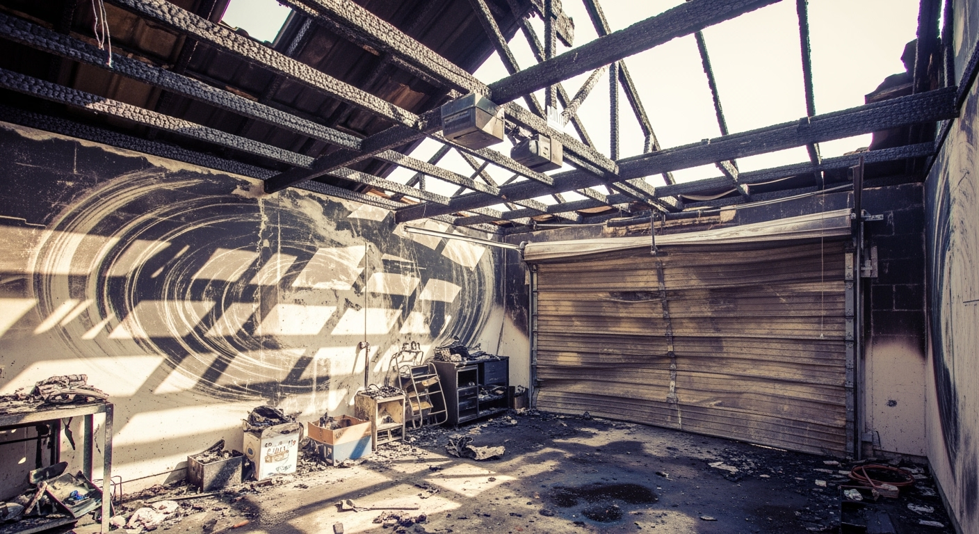 Burned garage with charred remnants.