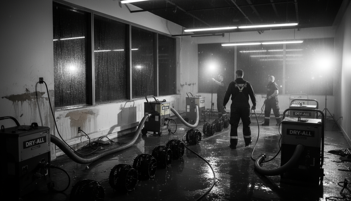 Professional restoration equipment setup for structural drying following IICRC standards S500 protocols