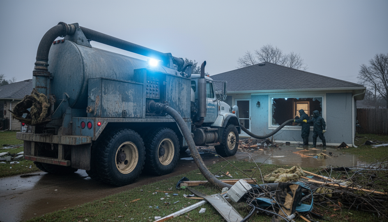 Professional sewage extraction equipment removing contaminated water from property