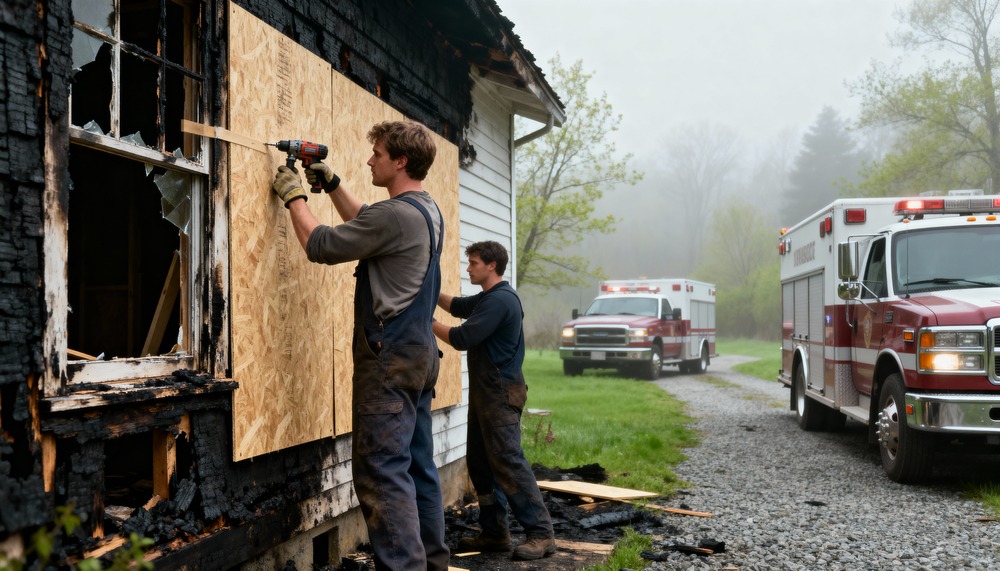 Emergency board-up services securing fire-damaged property within 24 hours