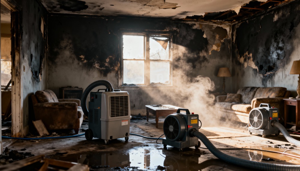 Professional water extraction and drying equipment during fire damage mitigation