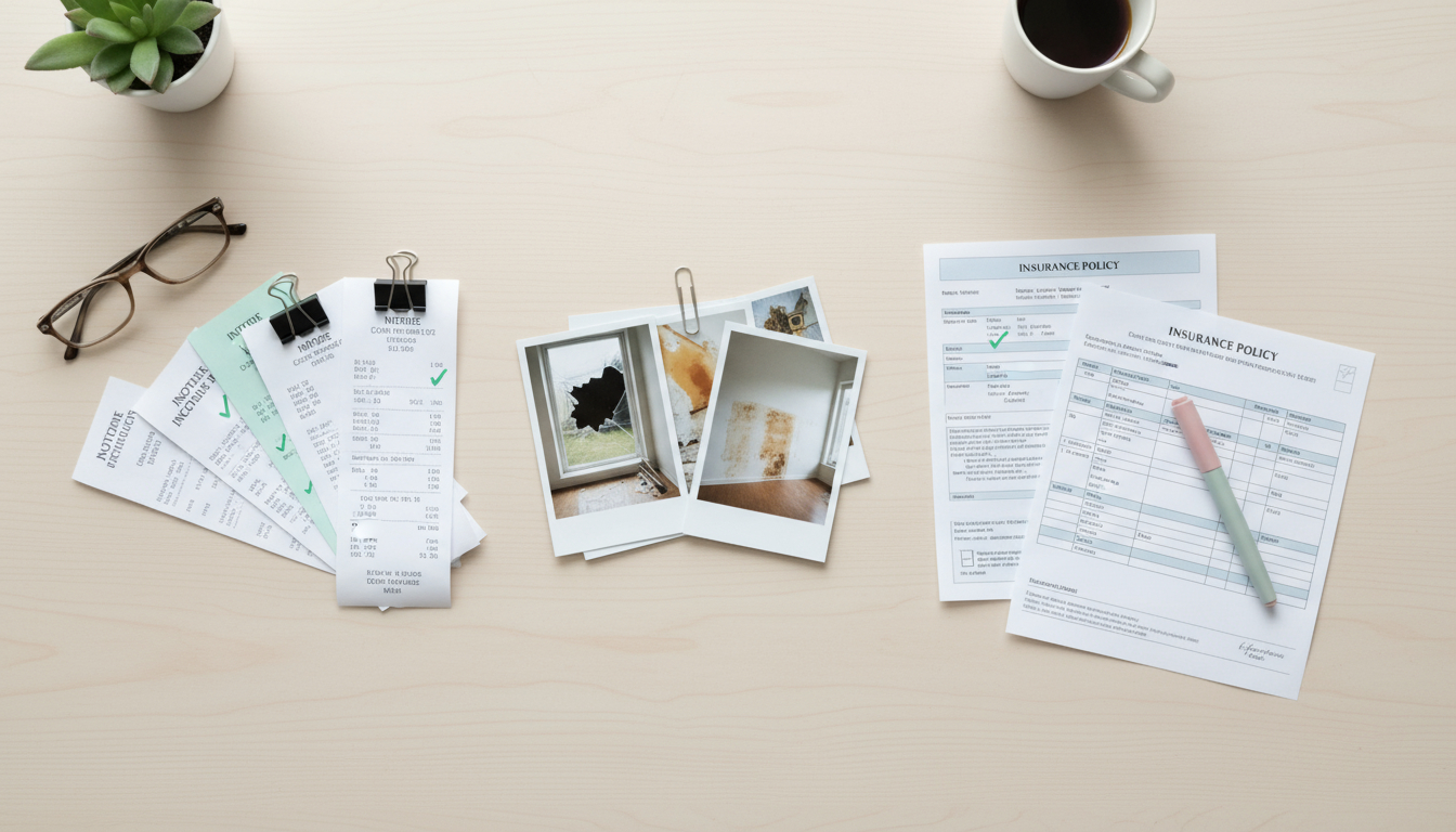 Organized desk layout showing insurance claims documentation: photos of damage, receipts, inventory lists, insurance policy, contractor estimates, all neatly arranged with checkmarks
