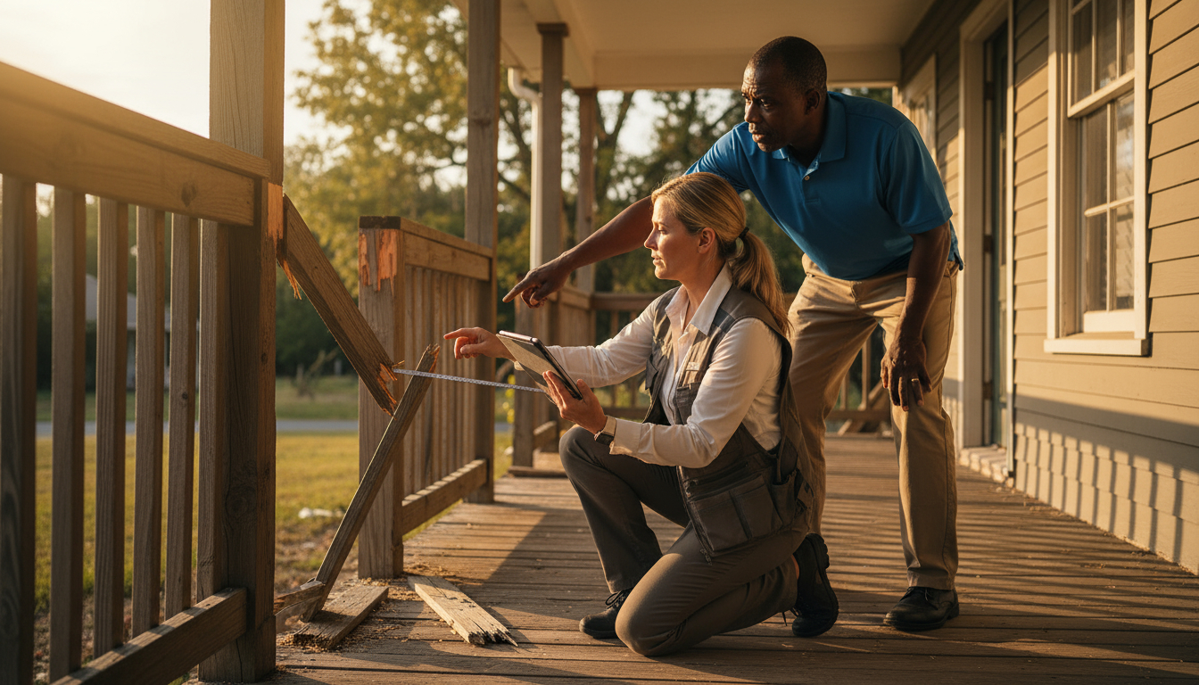 Insurance adjuster taking photos of porch damage with tablet, measuring tape visible, homeowner pointing to damage area
