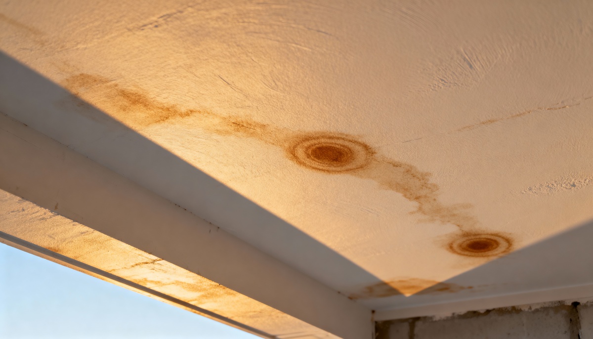 Water damage stains on ceiling showing brown discoloration and moisture rings