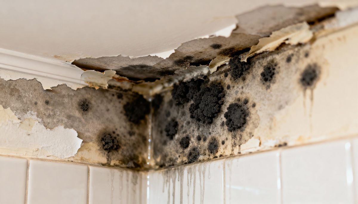 Black mold growth on bathroom wall corner near ceiling