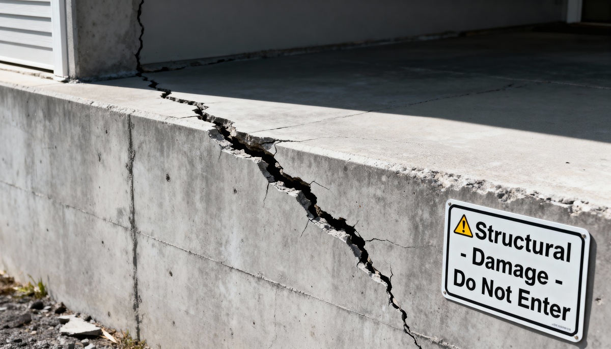 Large diagonal crack in home foundation wall showing structural damage