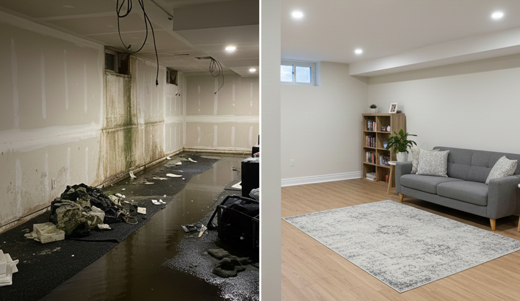 Water damage repair before and after showing basement restoration from flooding to fully restored condition