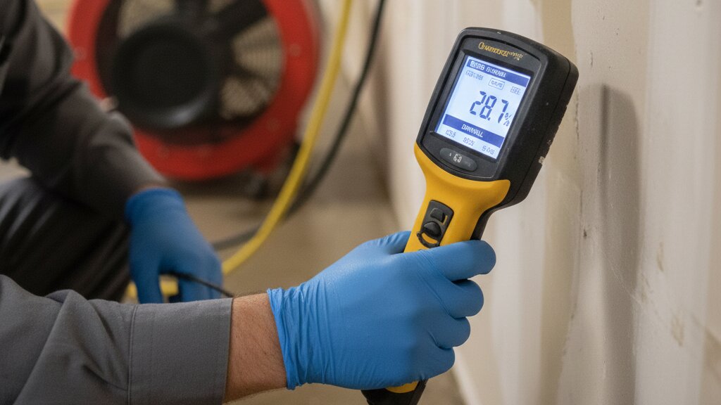 Water damage restoration moisture removal assessment with meter