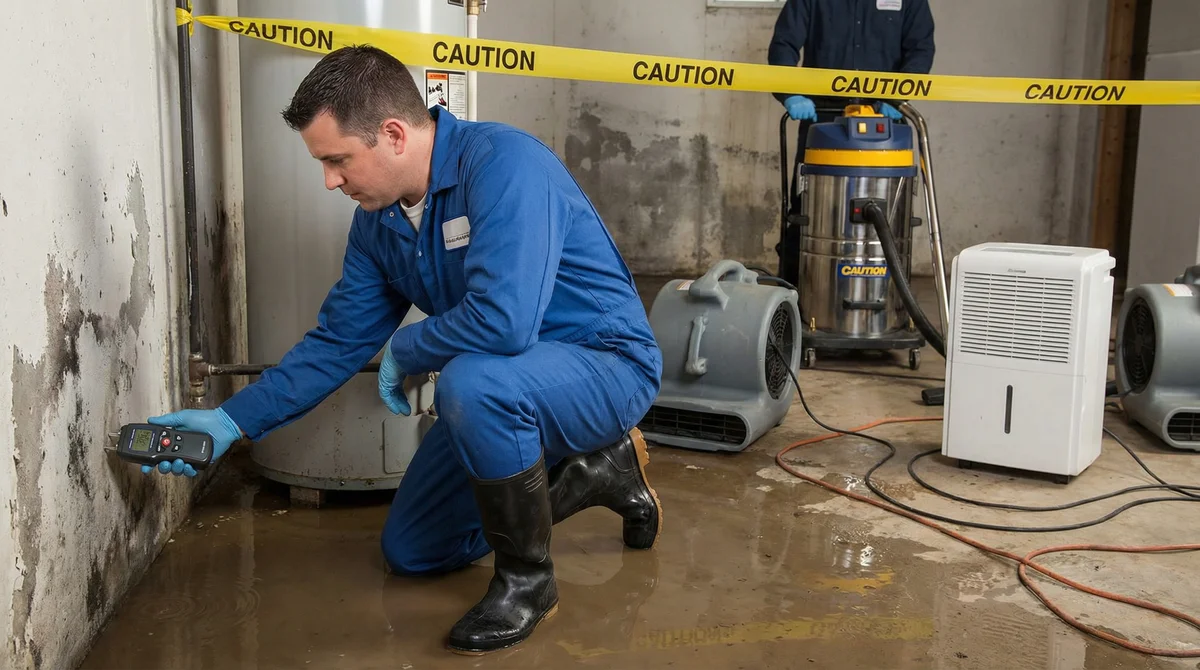 Professional water heater leak cleanup technician extracting water from Toms River basement