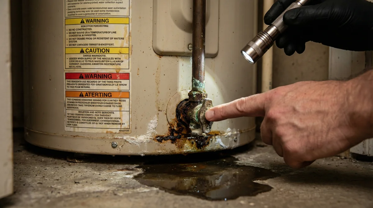Warning signs of water heater leaking in Toms River home showing rust and corrosion at fittings