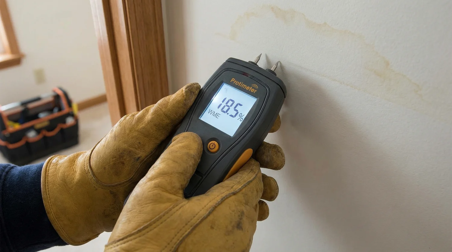 Moisture meter detecting water leak in Toms River NJ behind drywall surface