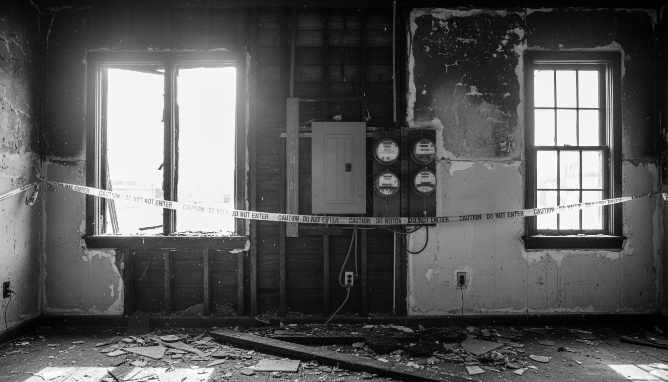 Damaged utilities requiring professional inspection after house fire