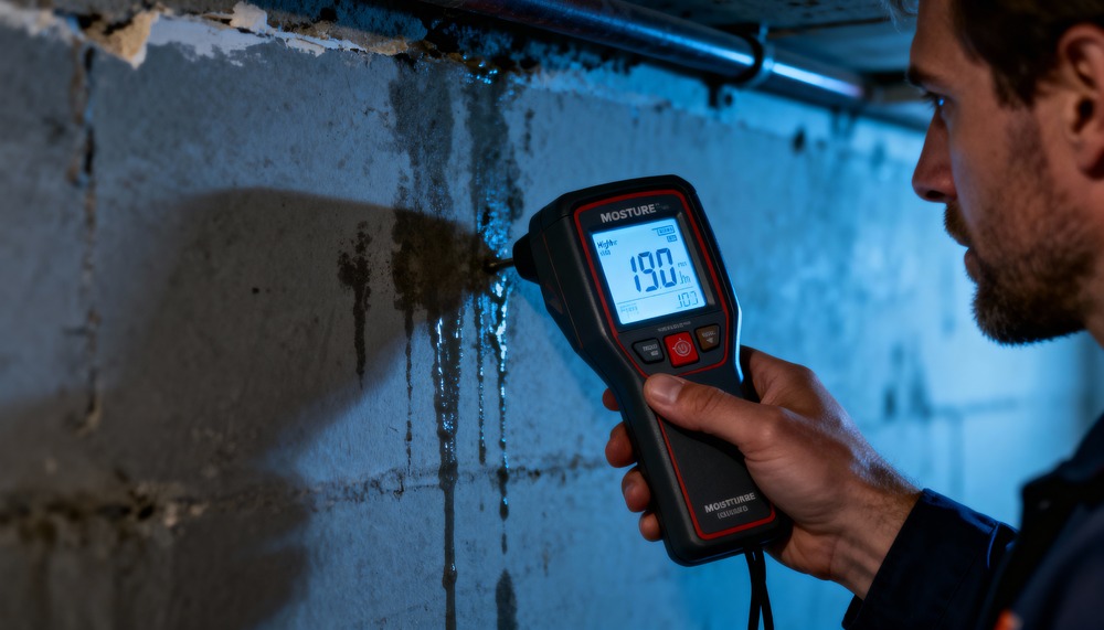 Close-up of moisture meter device taking reading on drywall, professional hand holding digital meter showing moisture levels