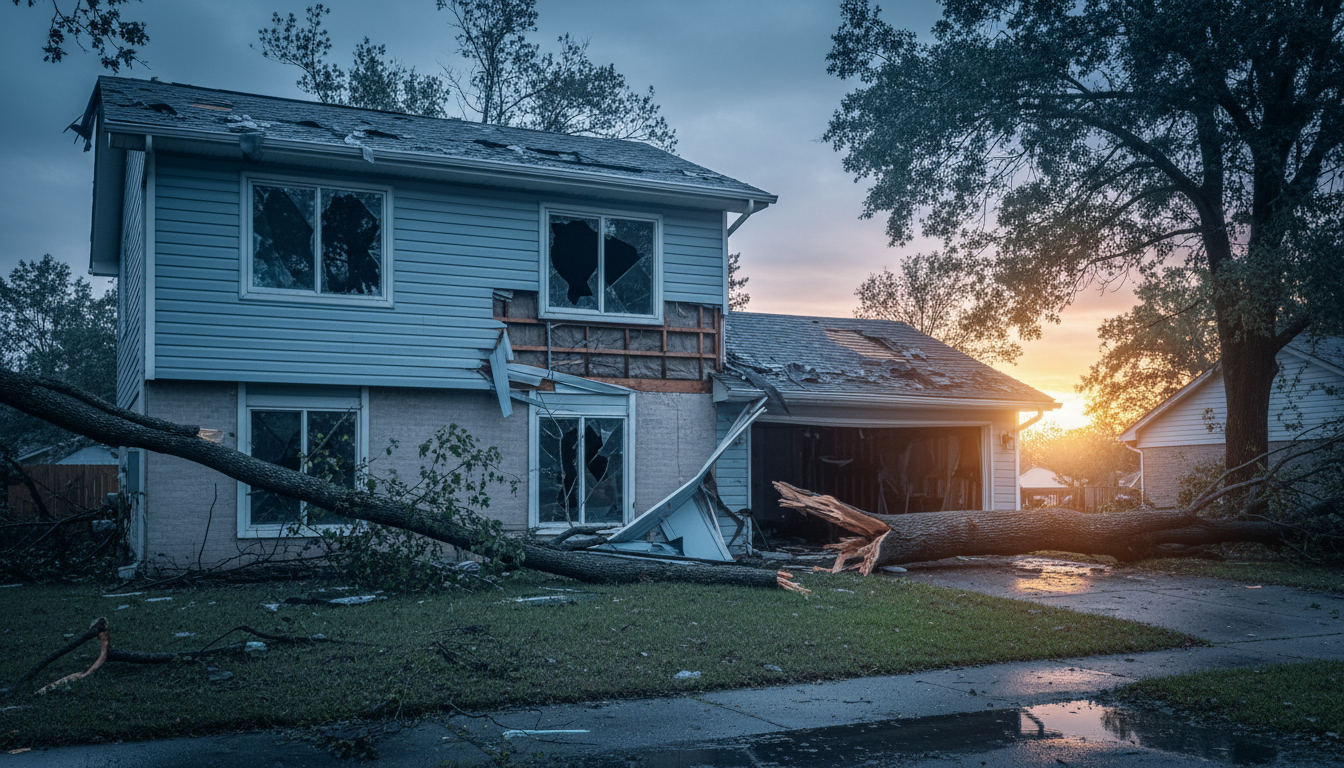 Severe wind damage to home exterior showing damaged roof, siding, and broken windows