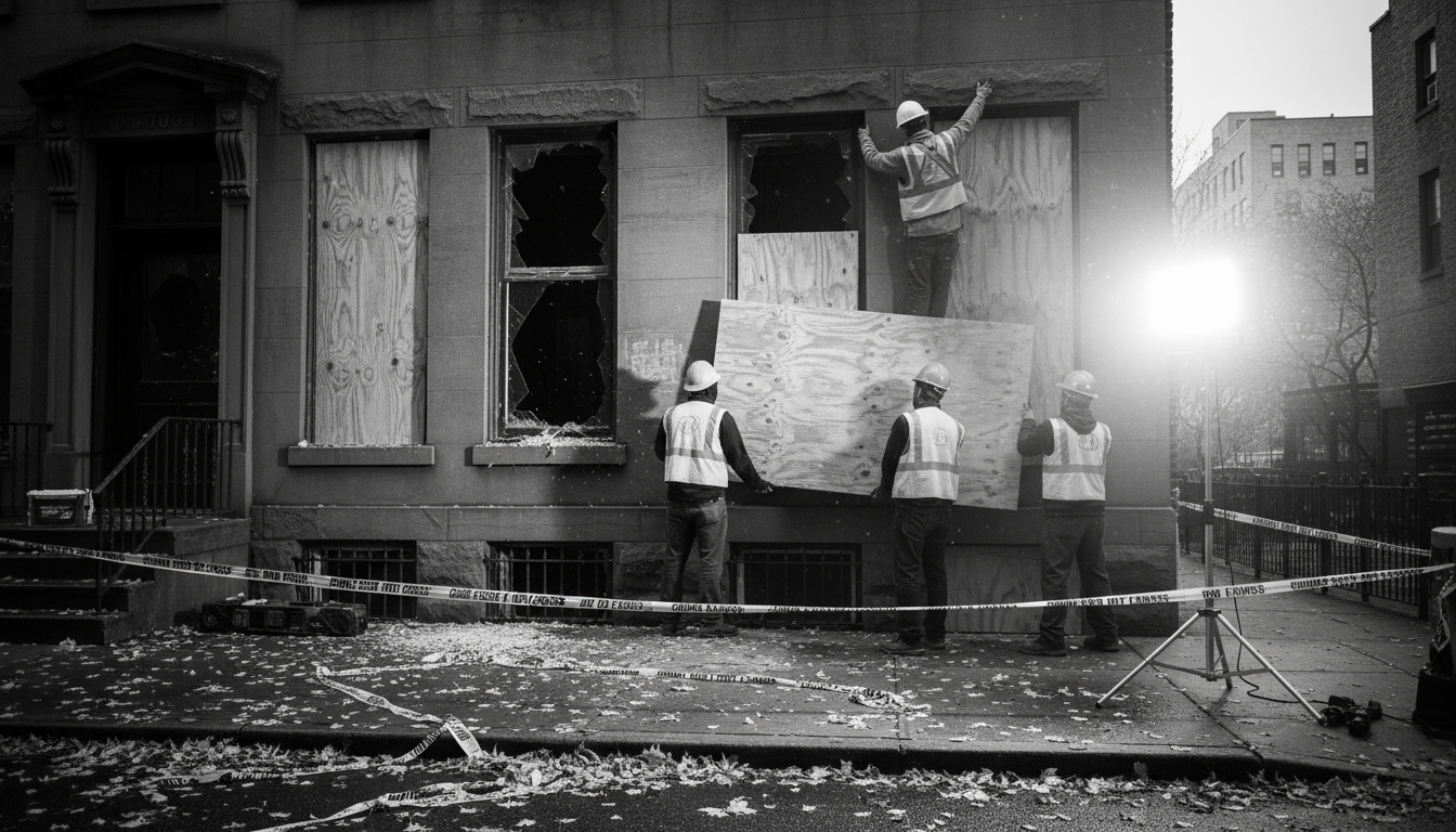 Wind damage restoration crew performing emergency board-up services on storm-damaged home