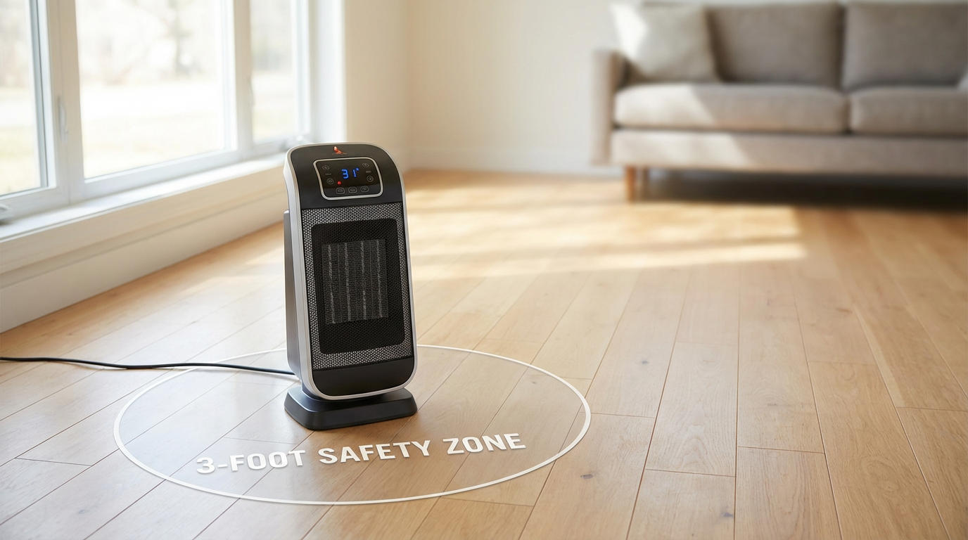 Space heater fire prevention showing proper 3-foot clearance zone in Toms River home