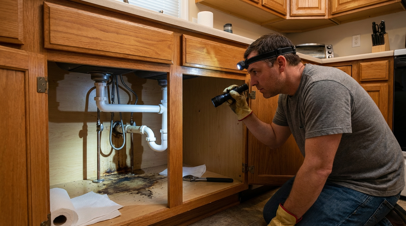 Homeowner checking hidden mold signs under kitchen